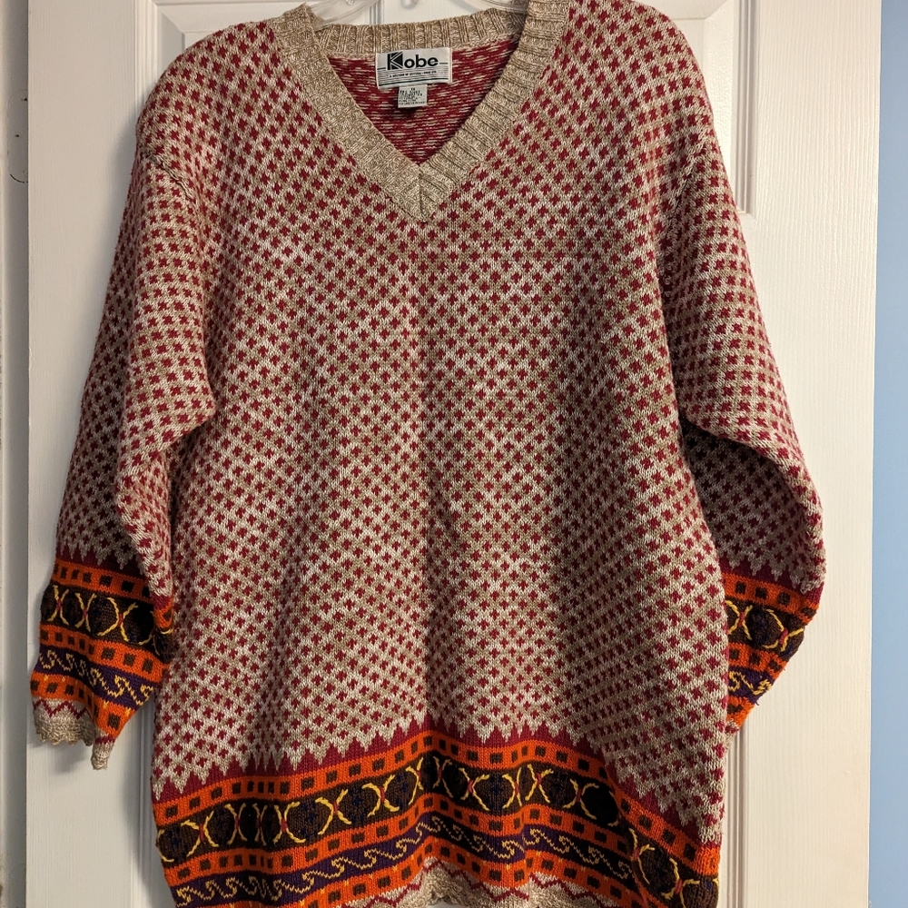 Vintage Kobe Knit V-Neck Multi Colored Sweater Scalloped Edging Plus Size 1X